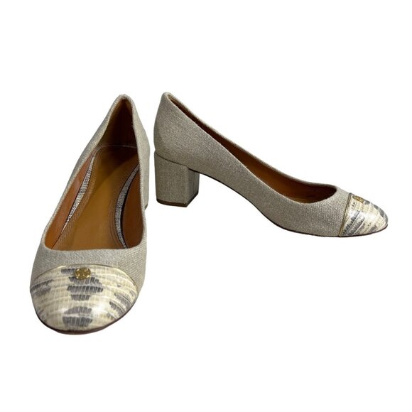 Tory Burch Women’s Natural Gold Tejus Lizard Print Heels Sz 9M - - Picture 2 of 10